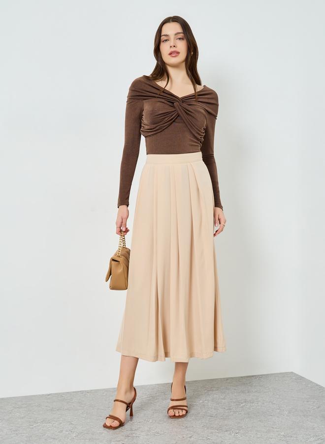 Styli Women Beige Pleated A-Line Midi Skirt - Image 4